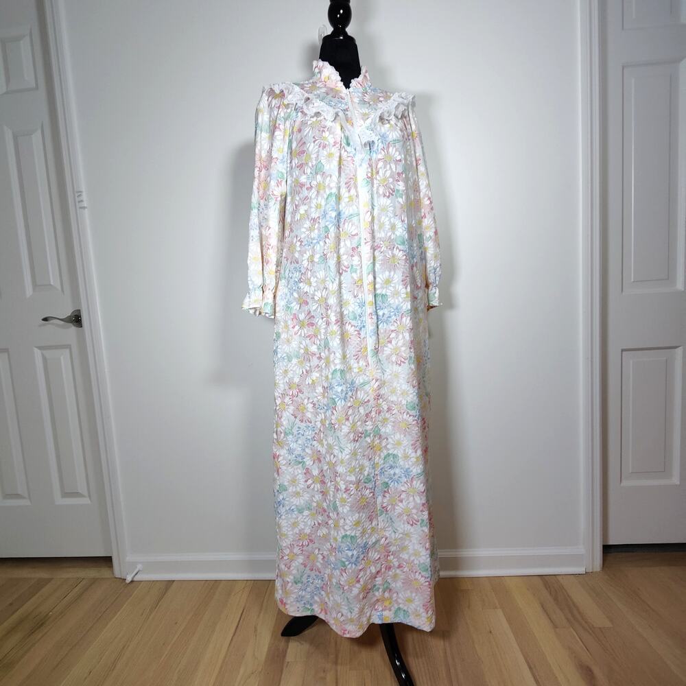 Vintage 80s‎ Daisy Floral Housecoat Maxi Dress Lace Ruffle Cottagecore M
